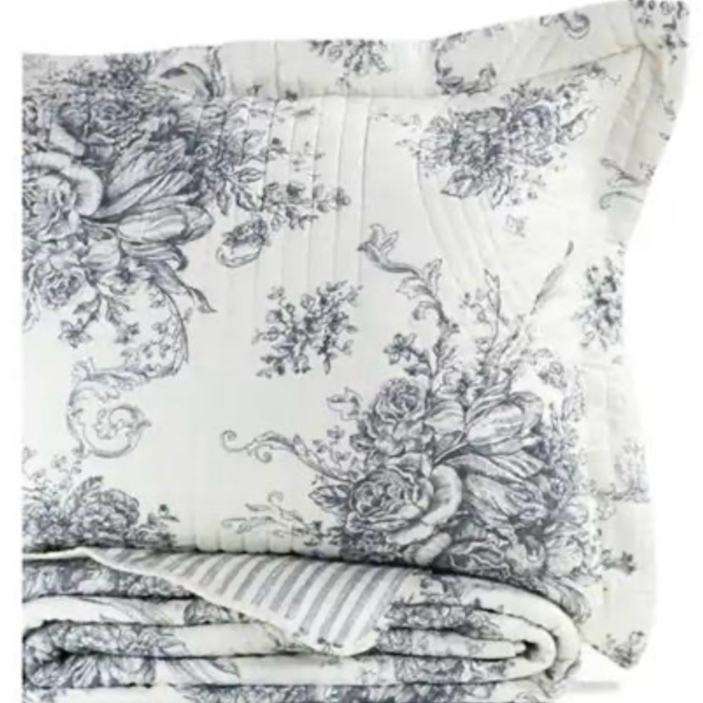 Toile and Bamboo Stripes Reversible Cotton Quilt Set Queen - Picture 2 of 5